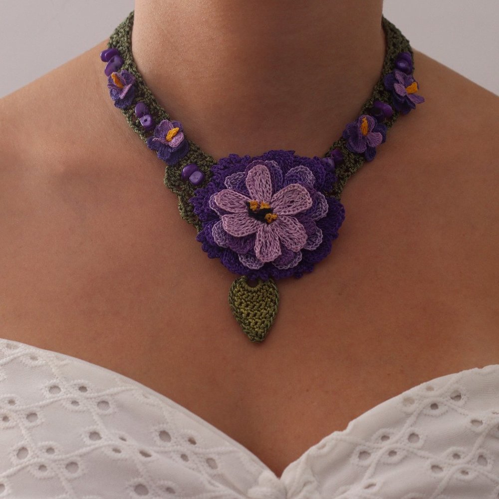 Purple, Crochet Amethyst Necklace, Flower Bib Necklace, Statement Neck Accessory - Picture 3 of 3